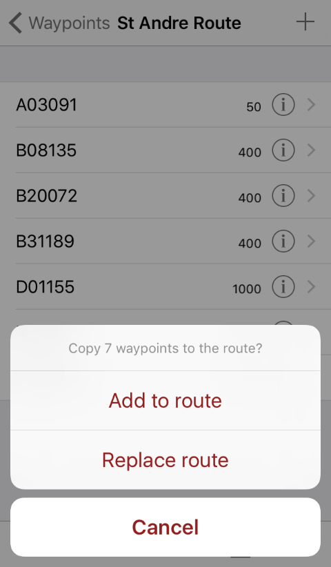 Add to Route screen