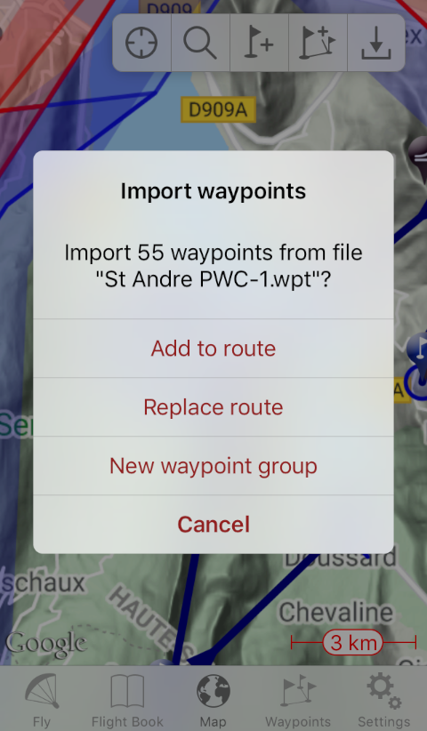 Waypoint Import screen